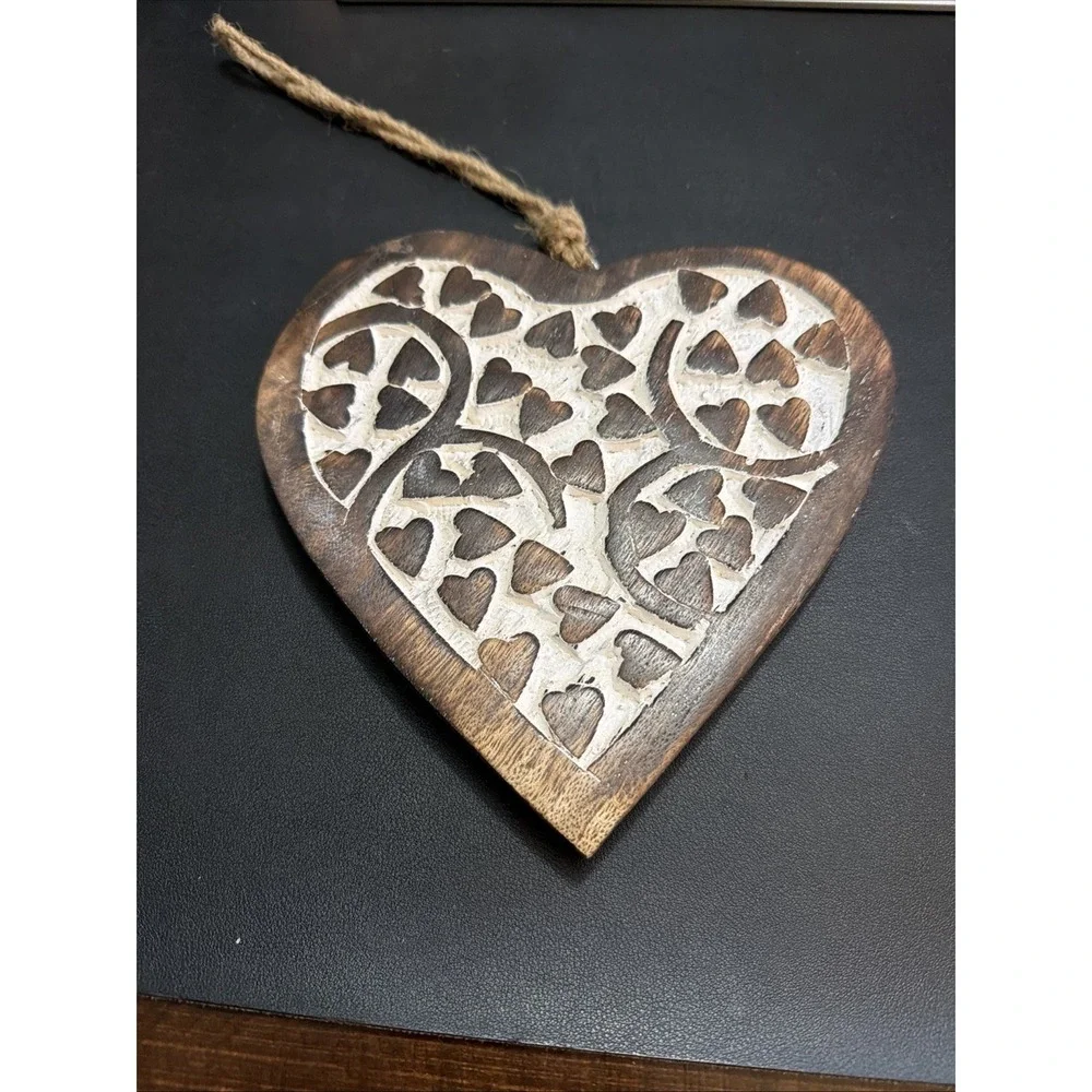 Hand Carved Mango Wood Hanging Heart Wall Art